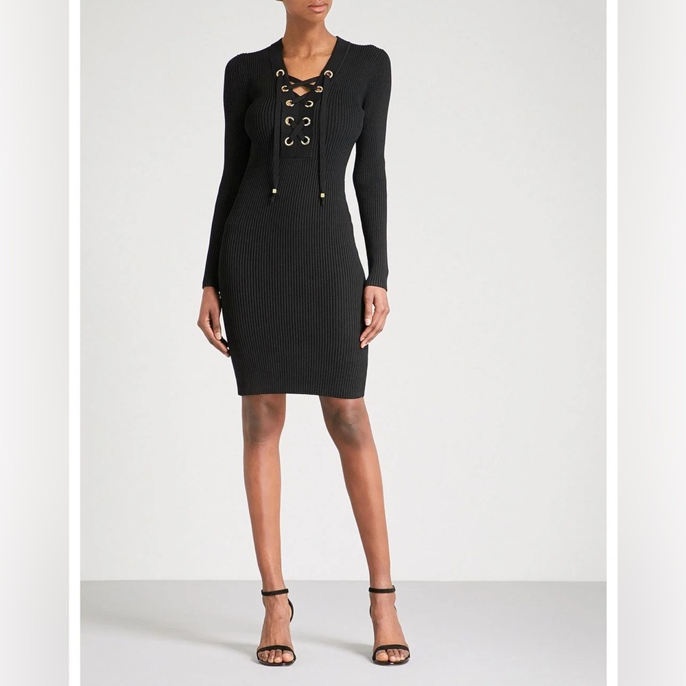 MICHAEL KORS Lace-Up Ribbed Dress Size Small Black fitted